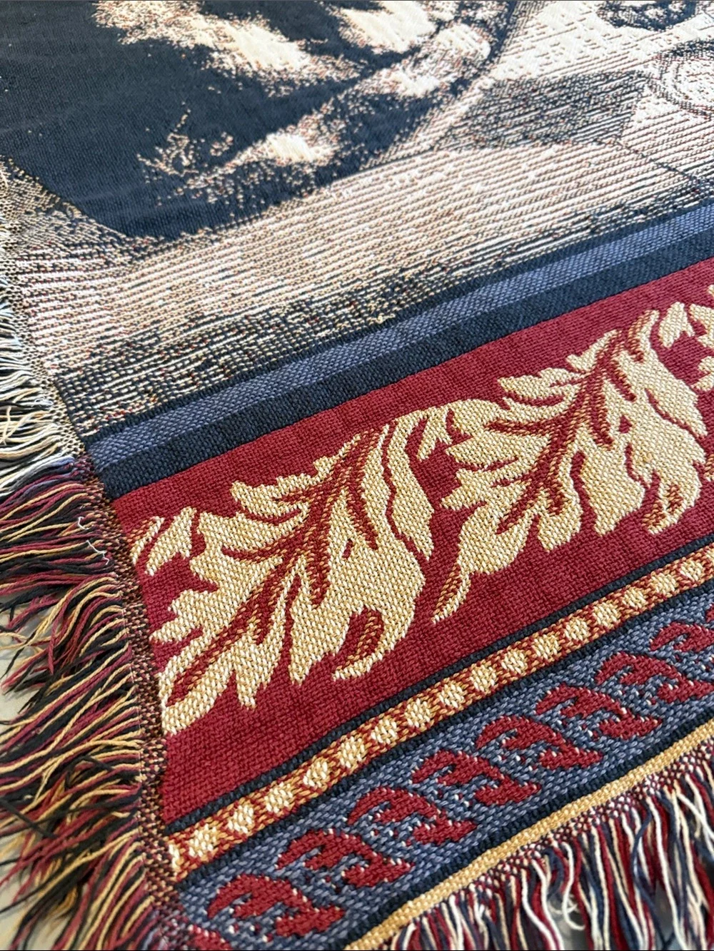 Vintage Cottagecore 100% Thick Cotton Tapestry Style Fringed Throw, 65”x48”